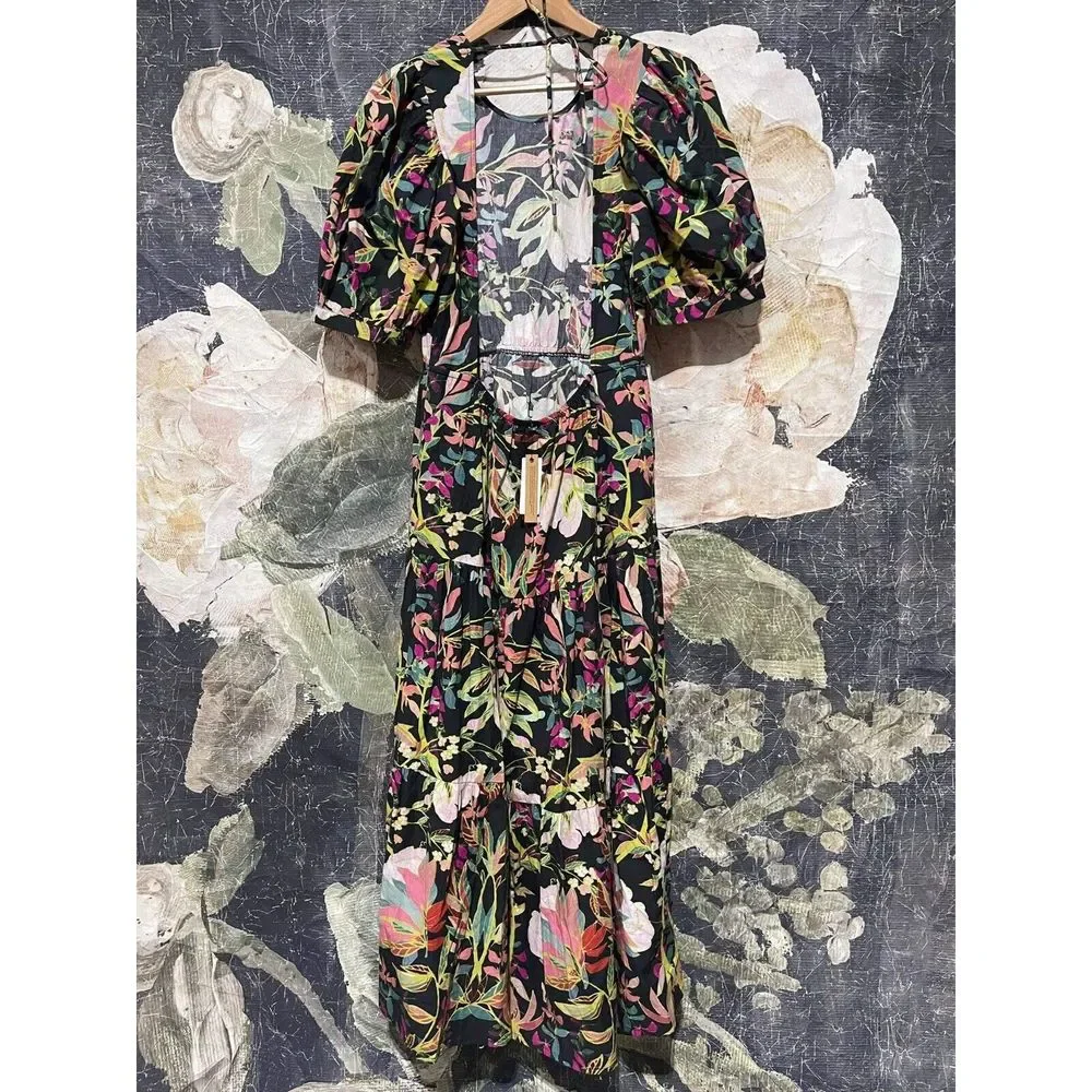 New Anthropologie x Condition Apply Floral Tiered Maxi Dress Puff Sleeves Sz MP - Picture 4 of 6